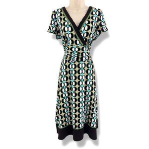 Dressbarn Surplice Neck Ruched Waist Geometric‎ Print Midi Dress Size 12 Summer
